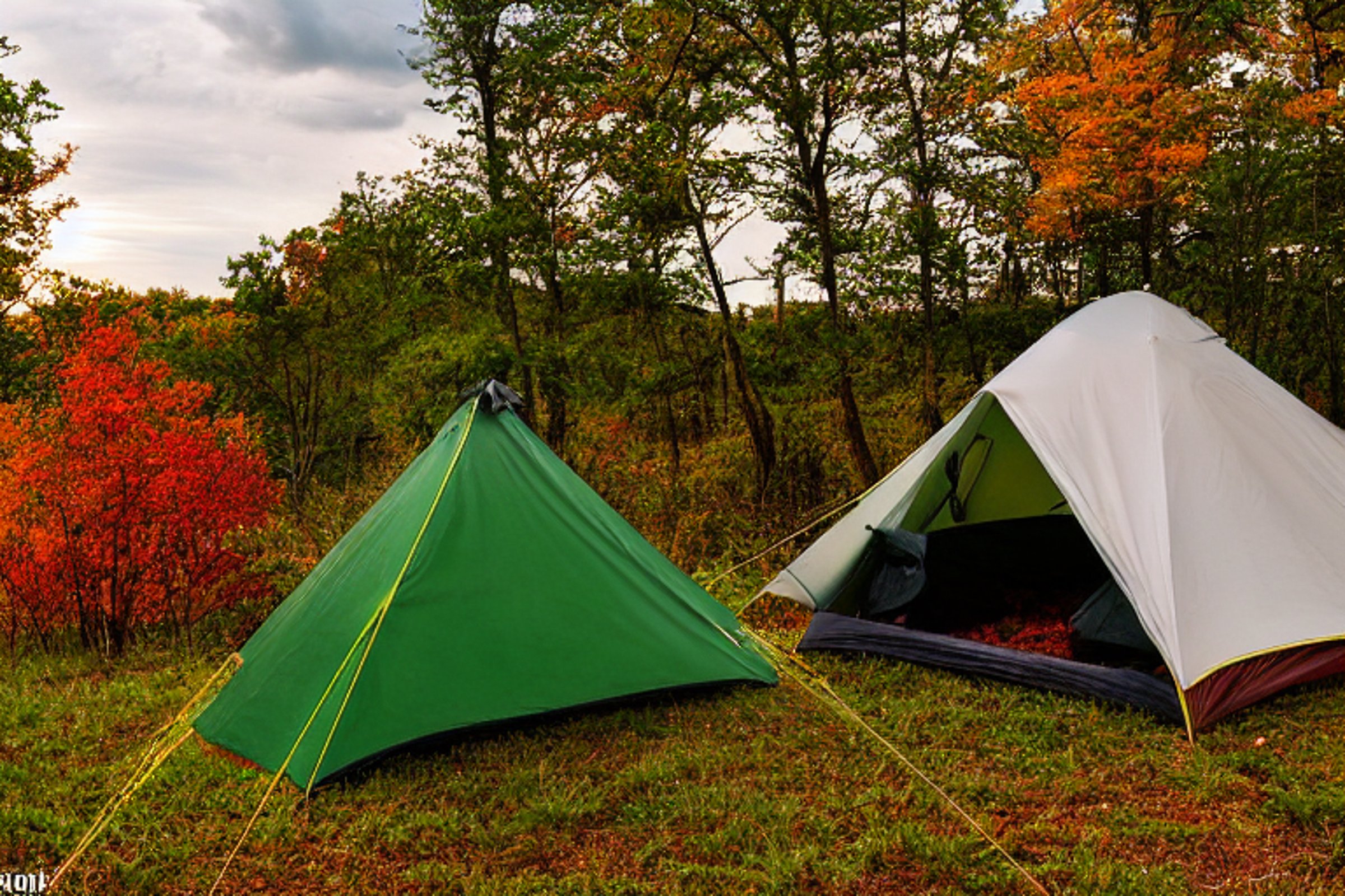 A colorful tent rests beside a warm campfire on a grassy dirt patch. Rolling hills, berry bushes, and bright fall trees surround the campsite as stormy clouds gather under the sunset.
