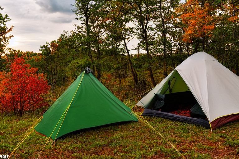 A colorful tent rests beside a warm campfire on a grassy dirt patch. Rolling hills, berry bushes, and bright fall trees surround the campsite as stormy clouds gather under the sunset.