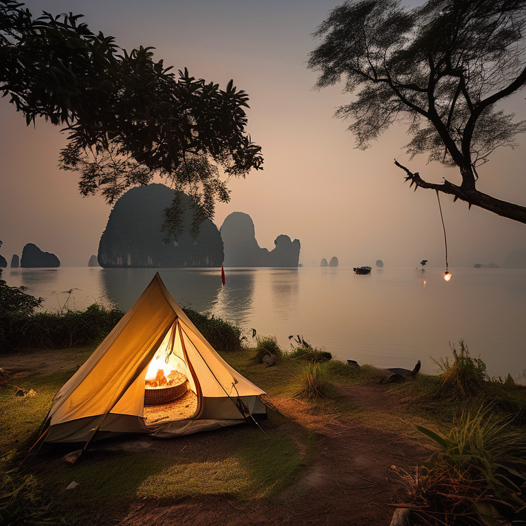 A cozy tent rests beside a warm campfire in the tall grass of Halong Bay. Fog drifts around the great stone cliffs, while a small lantern glows on the ground. Golden light gives the quiet campsite a peaceful feel.