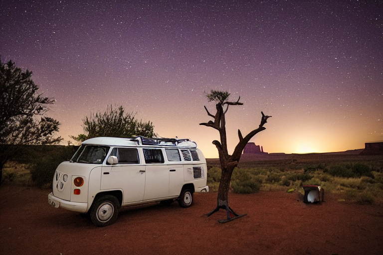 A white campervan rests beside a warm campfire under a starry, rainy sky. Red rock mountains rise in the distance, while a hammock, picnic table, and wooden guitar make the campsite feel cozy and welcoming.