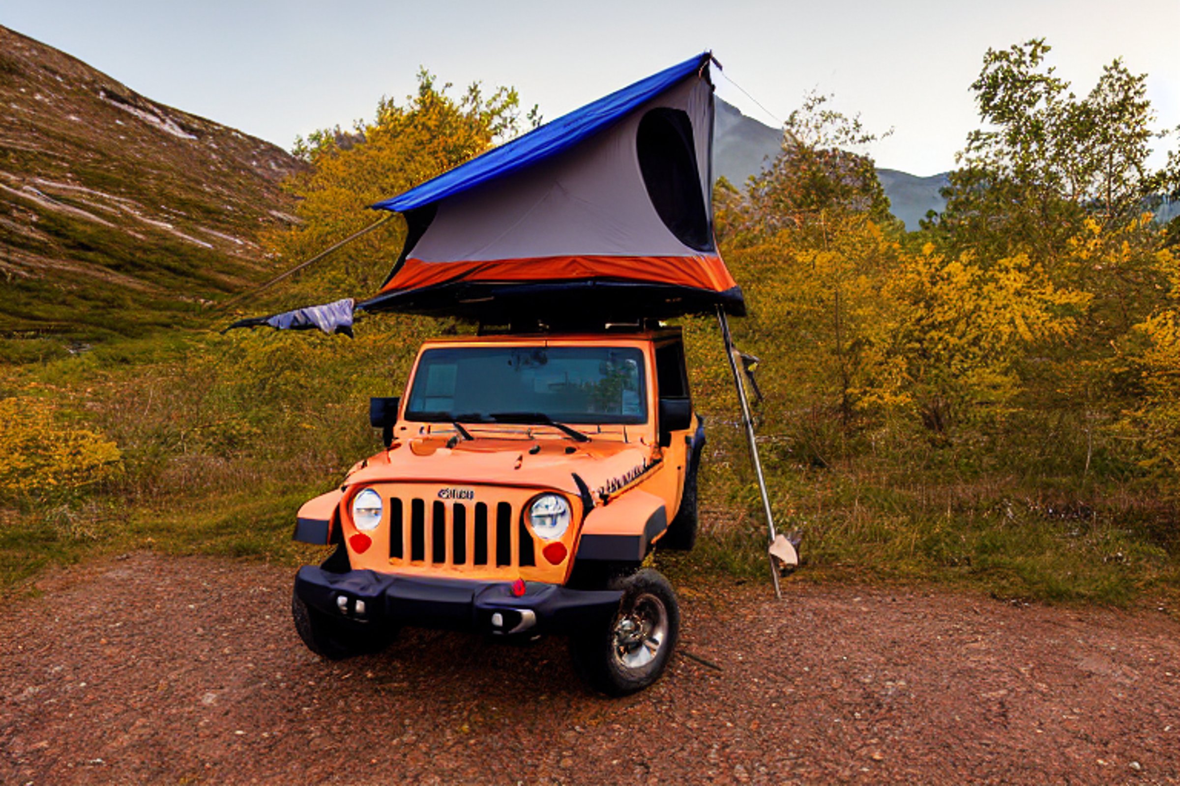A cozy Jeep campsite rests in the Valley of Flowers, surrounded by colorful autumn trees. Its rooftop tent glows softly above a warm campfire, with clothes drying nearby. Golden sunlight brightens the peaceful dirt clearing.
