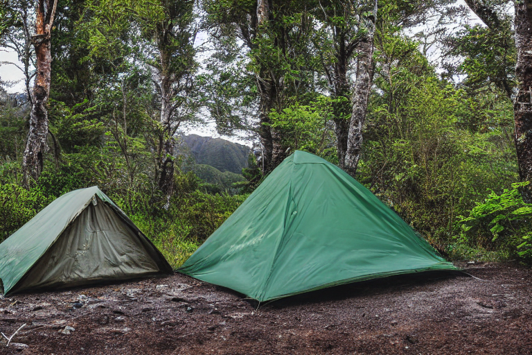 A green camo tent rests on a dirt campsite in Milford Sound, New Zealand. Tall trees, large stone slabs, and a box of camping gear surround the camp. The clear sunset sky fills the scene with warm, peaceful light.