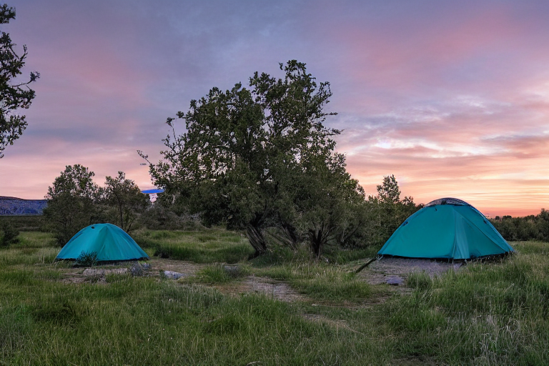 A bright teal tent rests on a paved campsite in Capitol Reef National Park. Rainy sunrise light glows over the small trees and distant cliffs, while the moon hangs in the sky. A tiny camper with a flashlight stands nearby, adding a cozy touch.