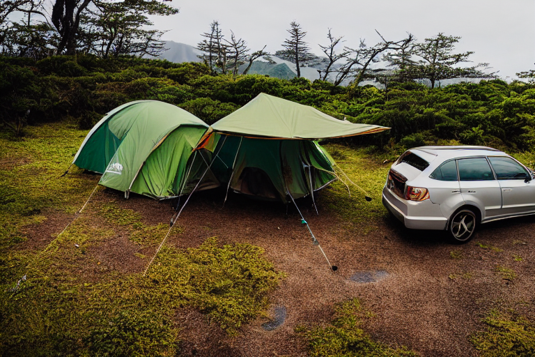 Two green Subarus with rooftop tents rest at a quiet campsite under a snowy night sky. Boulders, fallen leaves, and small flowers surround the paved ground, while a guitar and backpack sit nearby.