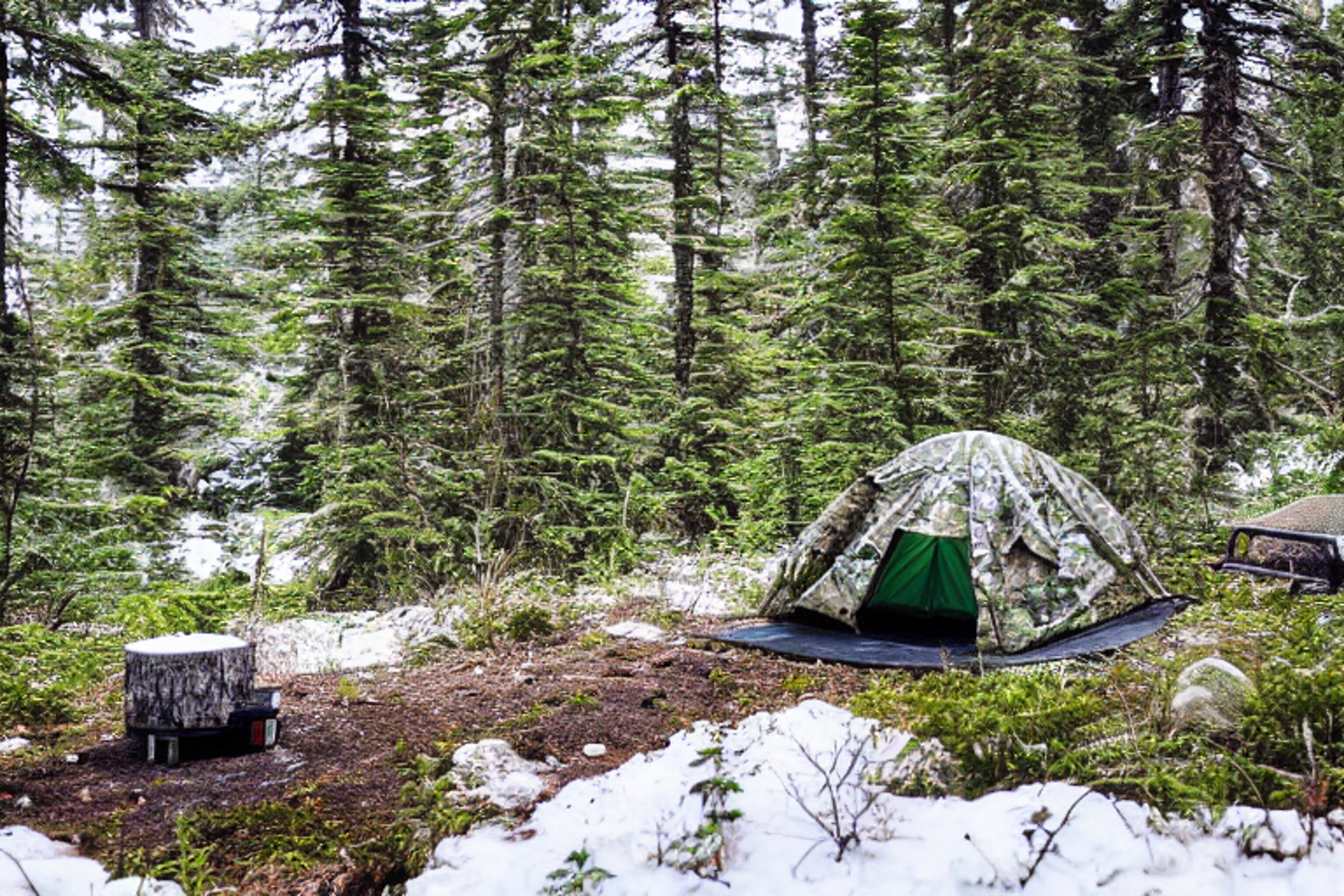 A green camo tent rests in a snowy Alaska wilderness, surrounded by ferns and rolling hills. A warm campfire glows beside a quiet stream, with a hiking path leading through the peaceful night.