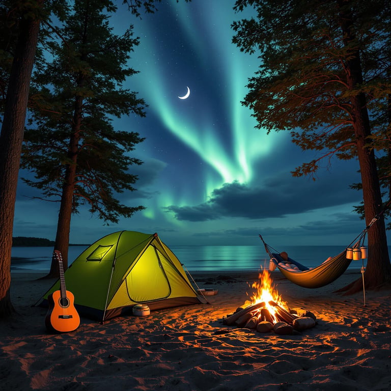 Under a magical sky full of dancing green lights, a cozy campsite glows with a warm fire and a snug tent. A peaceful hammock swings gently between tall trees by the calm, shimmering lake. Listen to the gentle strum of a guitar near the crackling flames.