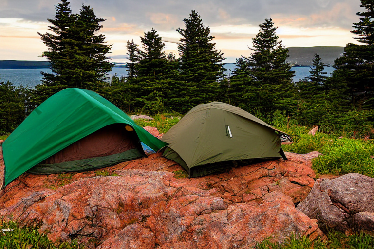 A green and tan tent rests on a dirt campsite beneath stormy sunset skies. Mountains rise in the distance, while large rocks and stone slabs surround a box of camping gear.