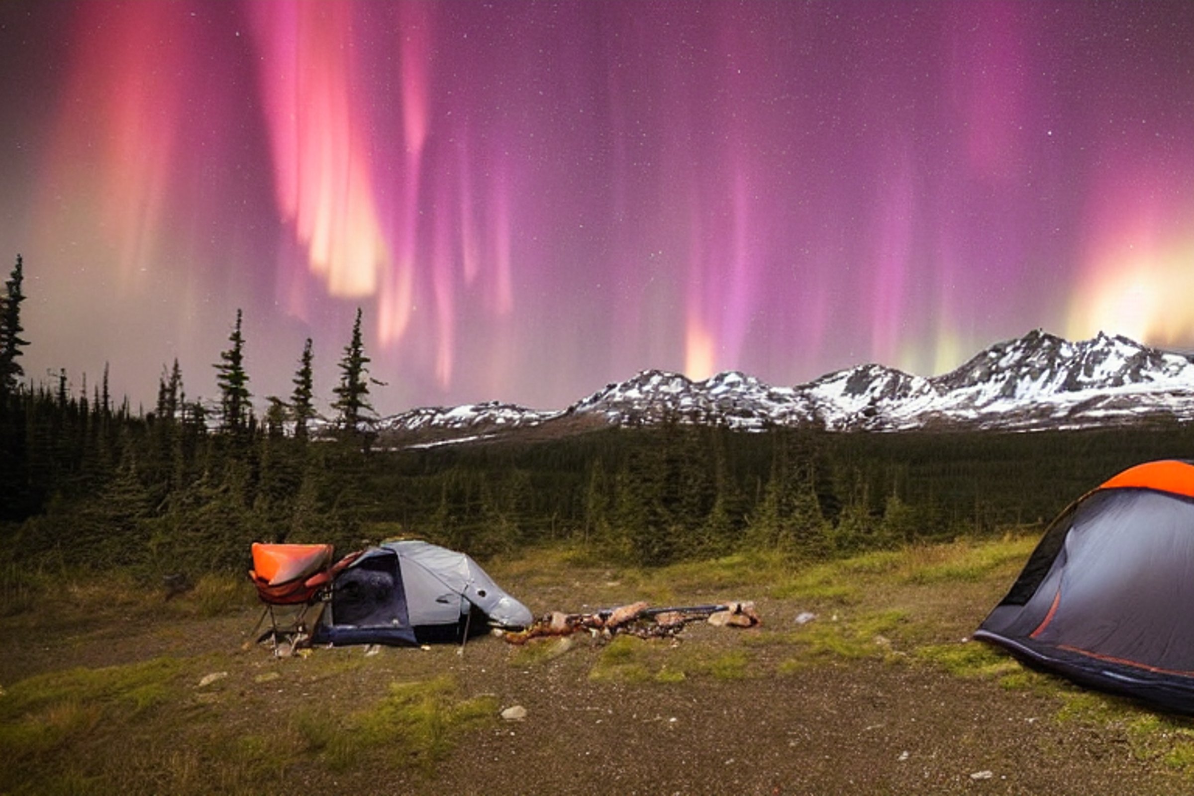 A cozy campsite rests in the wild Alaskan landscape beneath glowing green auroras. A grey and orange Subaru holds an open rooftop tent, while a warm campfire flickers on the rocky ground.