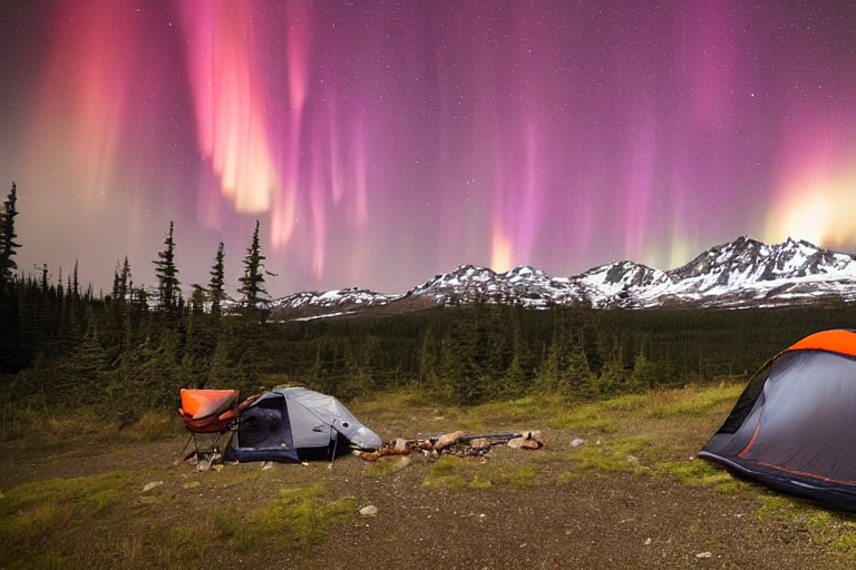 A cozy campsite rests in the wild Alaskan landscape beneath glowing green auroras. A grey and orange Subaru holds an open rooftop tent, while a warm campfire flickers on the rocky ground.