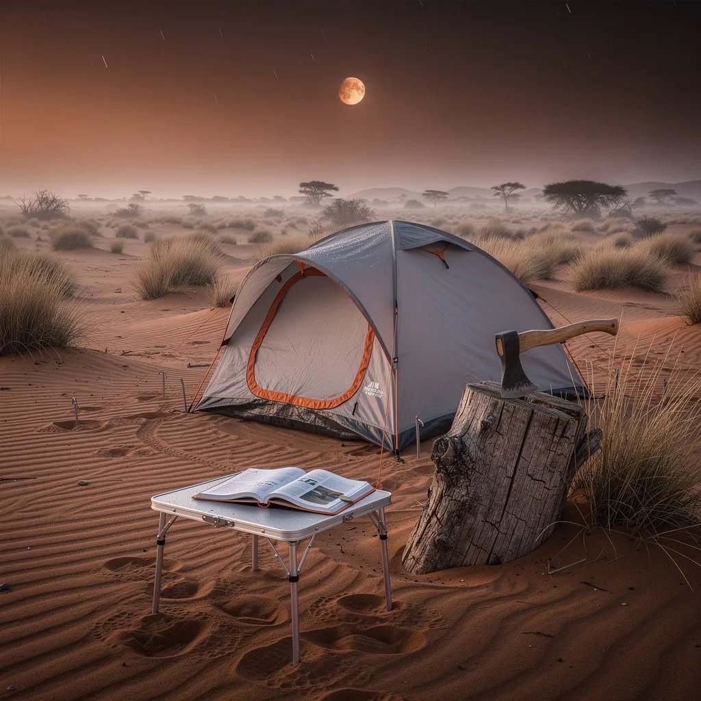 A grey-and-orange tent sits on firm sand in the Namib Desert, surrounded by dry dune grass and quiet fog. Above, a copper-colored moon hangs in the sky and makes the whole camp feel calm and strange. An old tree stump holds an axe, and a small table has an open book that looks damp with mist.