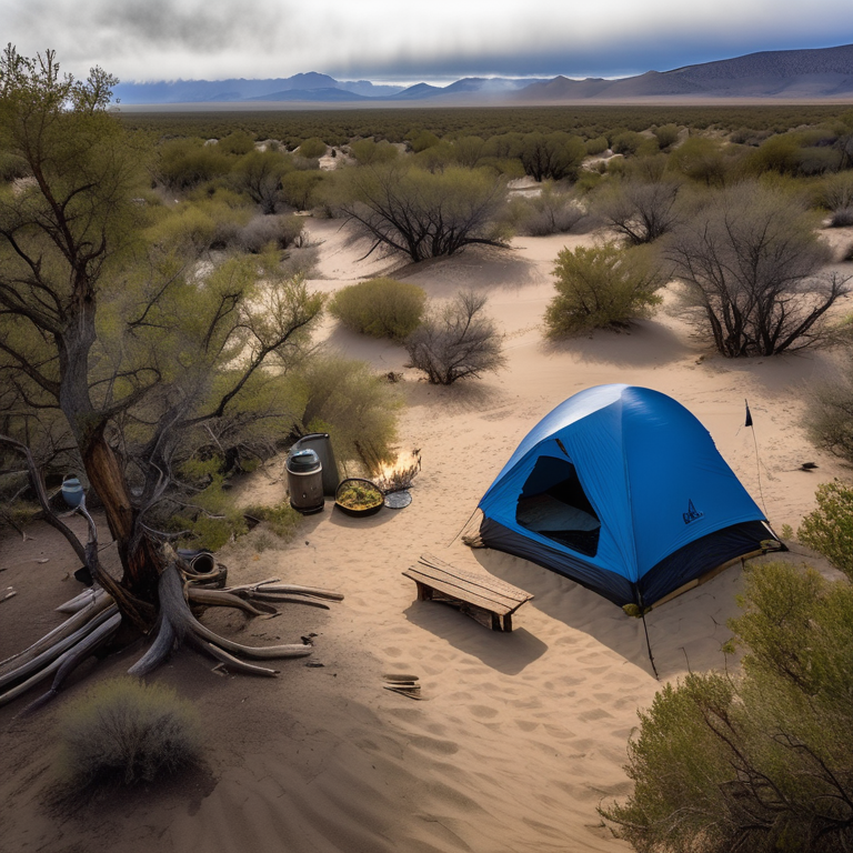 A blue tent rests beside a warm campfire on a quiet dirt patch. Mossy trees, berry bushes, and smooth boulders surround the camp, while a wooden guitar lies nearby. Soft fog gives the sandy landscape a calm, dreamy feeling.