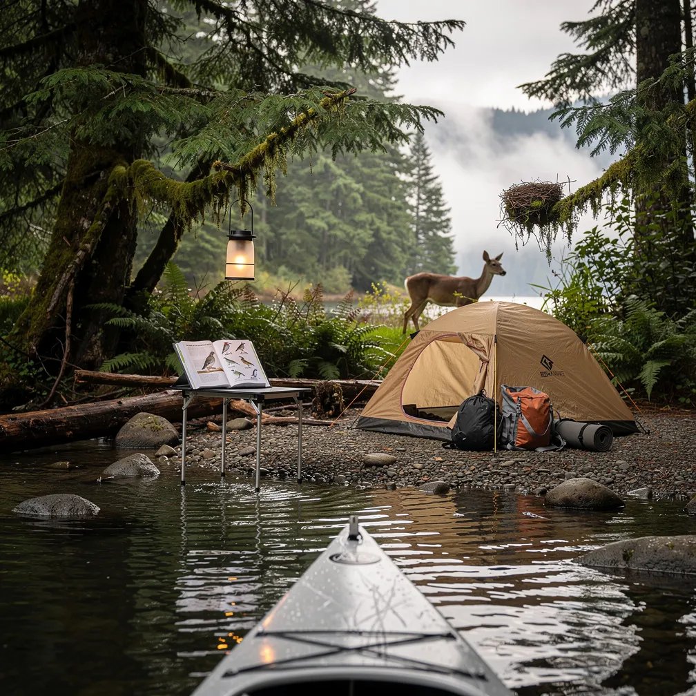 A quiet lake shore sits under a gray sky, with deep green trees and ferns all around. A tan tent rests on a small gravel bar, and a solar lantern hangs from a low branch. Wet rocks shine by the water, and far back at the treeline a deer stands very still.