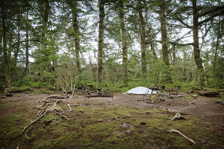 A bright blue tent rests on a quiet dirt clearing in a petrified forest. Mossy trees, stones, and fallen twigs surround the campsite under a clear sky filled with stars.