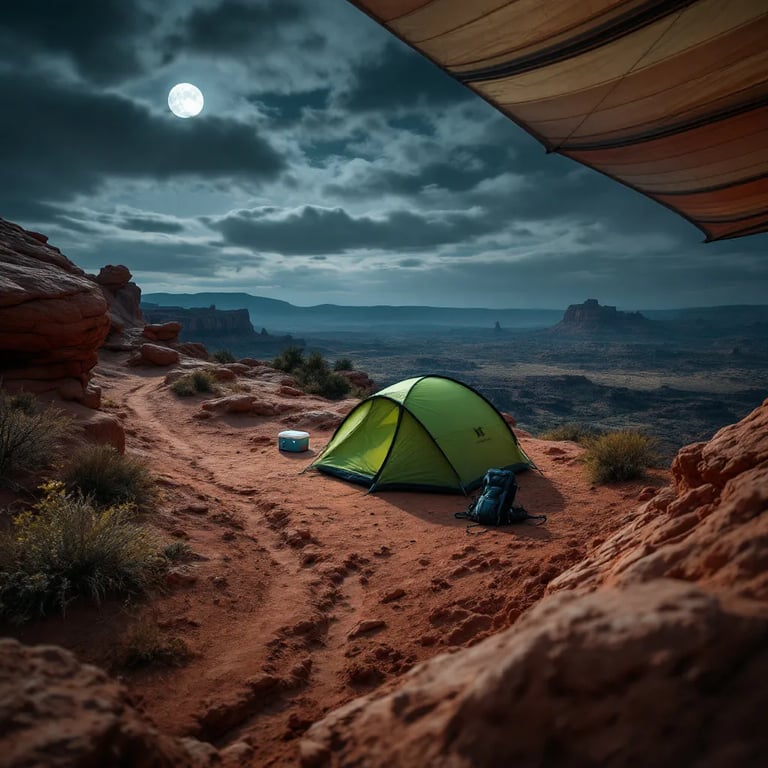 A green tent rests on rough ground in Arches National Park beneath a glowing full moon. A dirt path, cooler, and backpack sit nearby, creating a quiet nighttime campsite.
