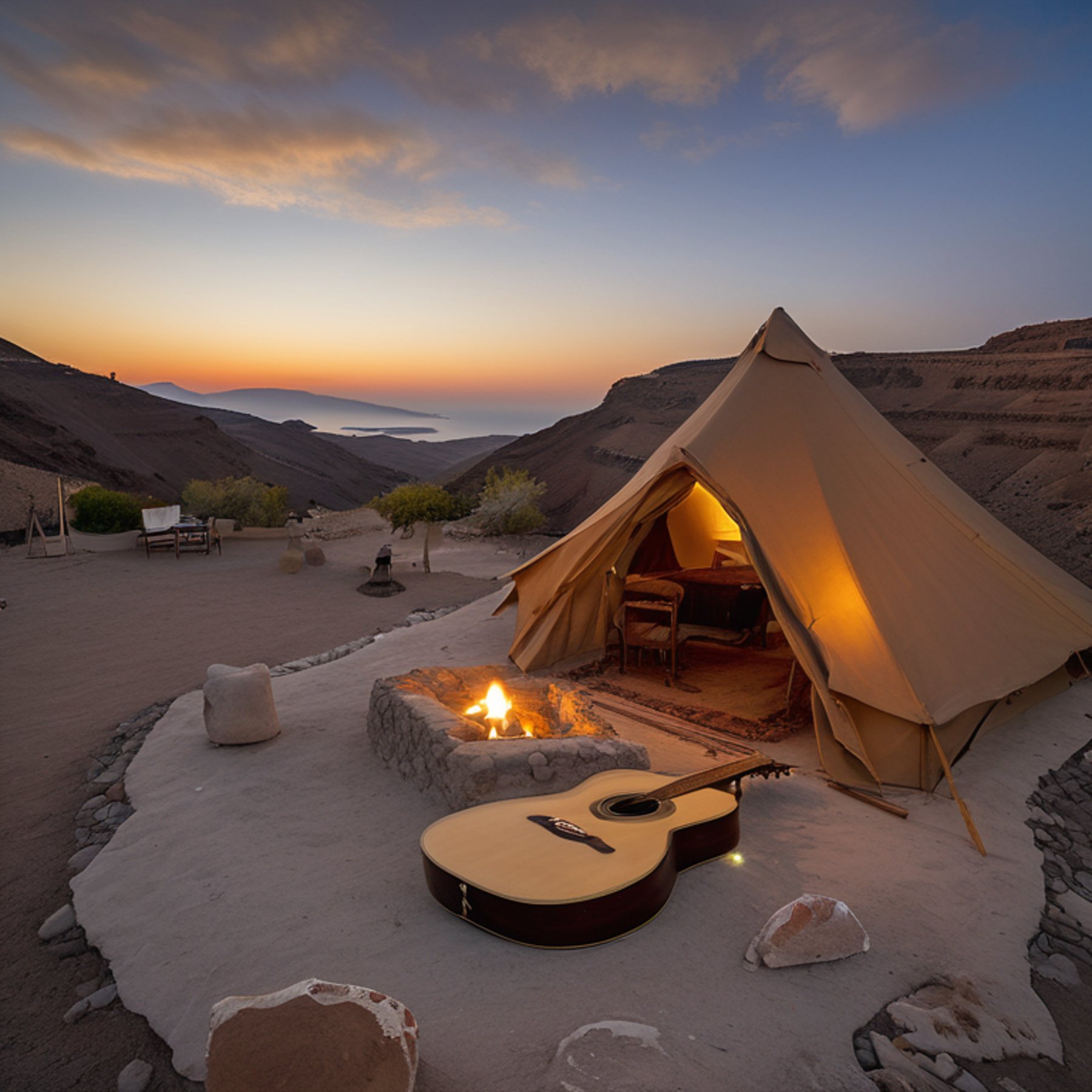 A tan tent rests on a rocky campsite in Santorini as dusk settles over the mountains. A wooden guitar lies nearby, surrounded by large stone slabs and warm evening light.