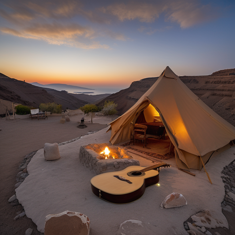 A tan tent rests on a rocky campsite in Santorini as dusk settles over the mountains. A wooden guitar lies nearby, surrounded by large stone slabs and warm evening light.
