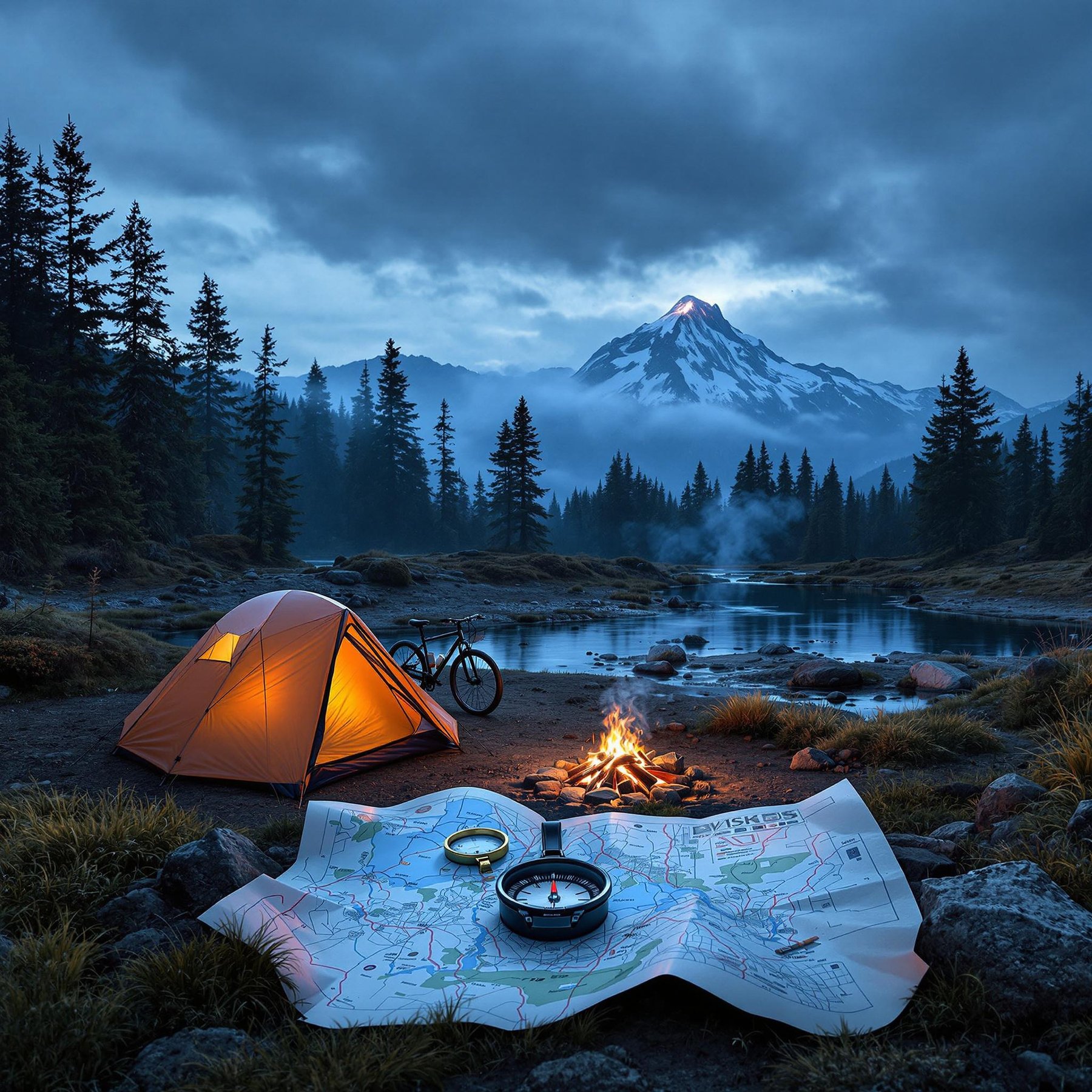 A cozy tent glows by a peaceful river, surrounded by tall pine trees and a snowy mountain in the distance. A warm campfire crackles, and a map with a compass is ready for adventure. The whole scene feels calm and magical under the blue evening sky.