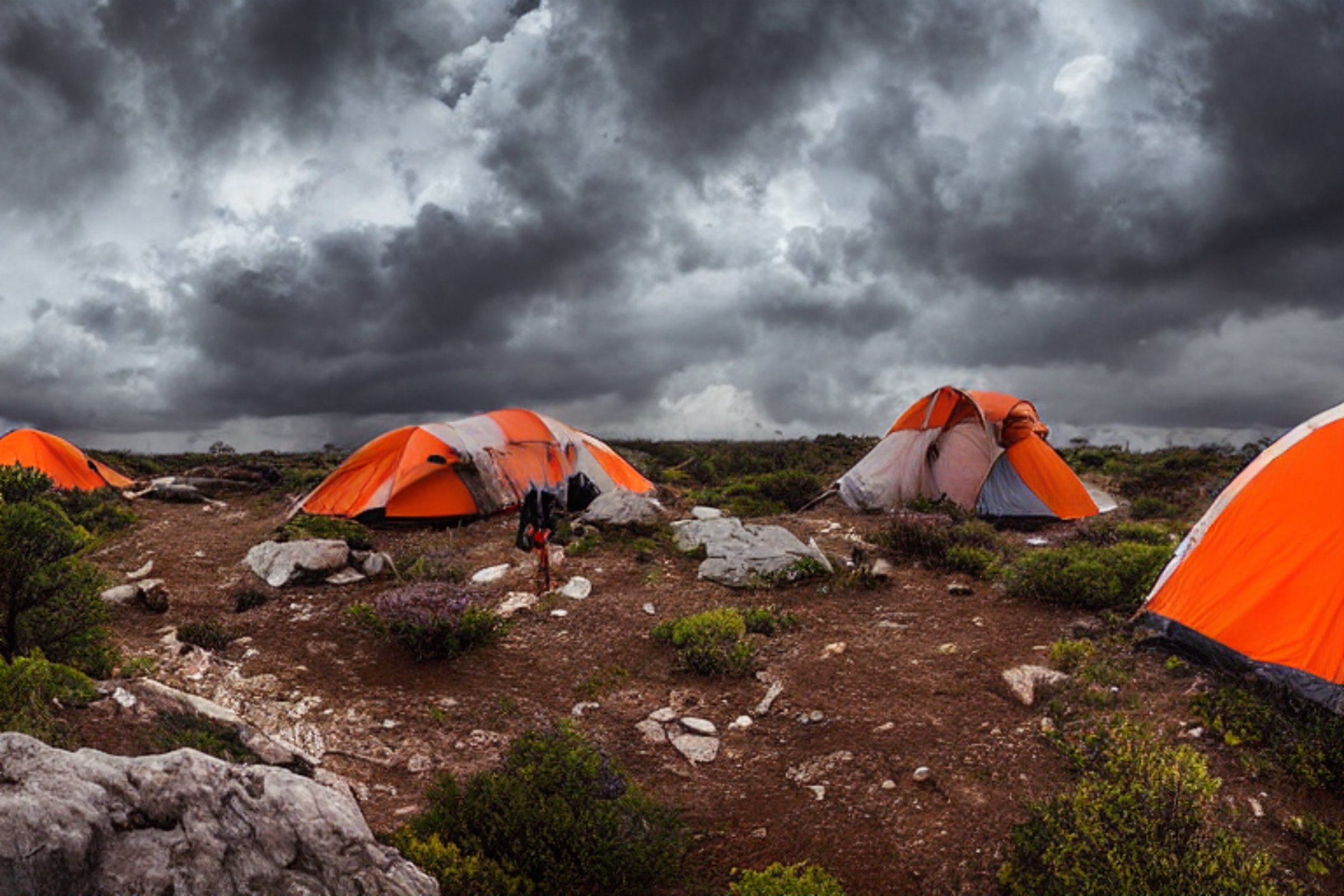 A gray and orange tent rests beside a warm campfire in a quiet petrified forest. Bushes and bright flowers surround the dirt campsite, while a winding path leads through the trees. Stormy sunset clouds add a wild, dramatic feeling.