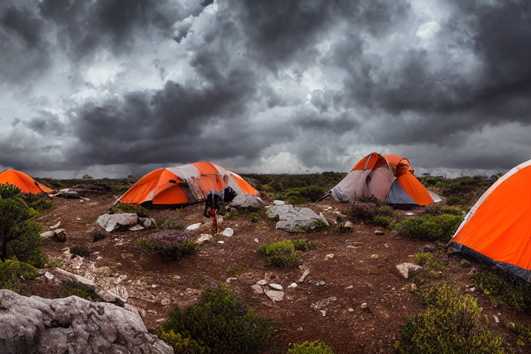 A gray and orange tent rests beside a warm campfire in a quiet petrified forest. Bushes and bright flowers surround the dirt campsite, while a winding path leads through the trees. Stormy sunset clouds add a wild, dramatic feeling.