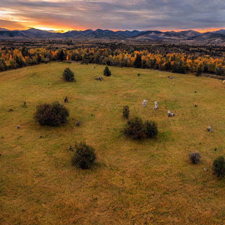 A green camo tent rests on a dirt patch at a quiet paved campsite. Tall grass, golden fall trees, and large stone slabs surround it, with rolling Idaho hills in the distance. Soft rainy light gives the scene a calm, wild feeling.