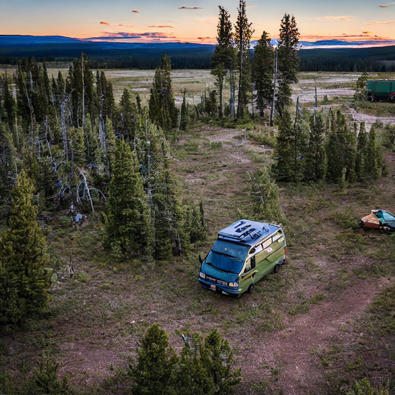A green camo van rests on a quiet dirt campsite in Yellowstone. Warm sunset light fills the scene, with a winding hiking path and a small twig on the ground. In the distance, a person’s flashlight glows among the trees.