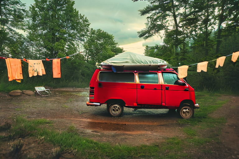 A red VW campervan rests beside a warm campfire on a quiet Minnesota campsite. A small stream winds through the trees, while clothes hang on a nearby line and a deer watches from the distance. Cloudy night skies create a calm, peaceful mood.