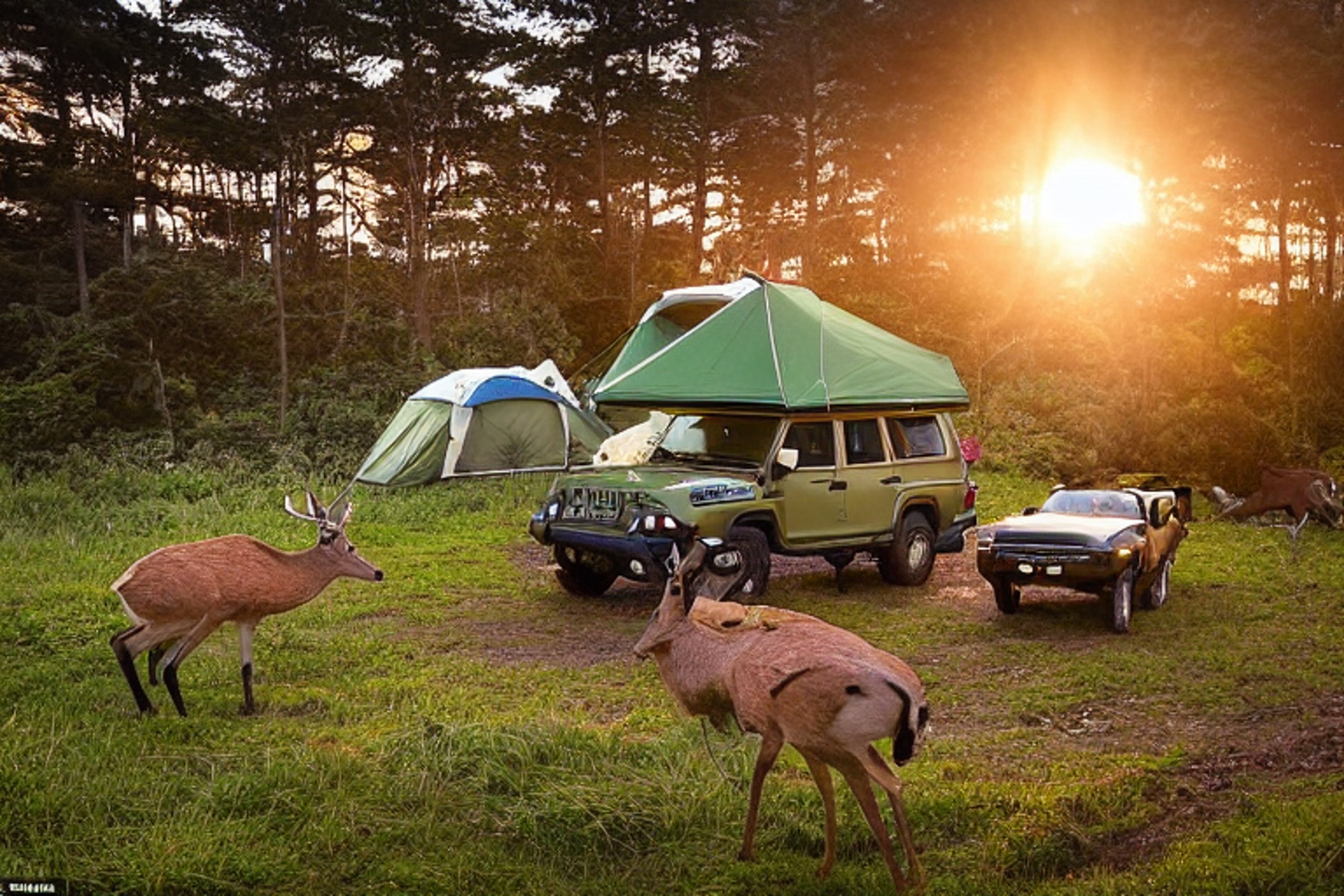 A green camo jeep with a rooftop tent rests beside a warm campfire in a fern-filled meadow. Deer wander through the tall grass as soft sunrise light falls over the snowy Hawaiian campsite.