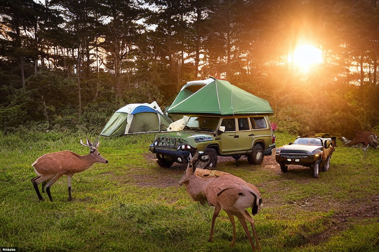 A green camo jeep with a rooftop tent rests beside a warm campfire in a fern-filled meadow. Deer wander through the tall grass as soft sunrise light falls over the snowy Hawaiian campsite.