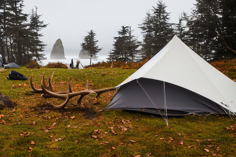 A white two-person tent rests on a sunny campsite near Cannon Beach. Fall-colored trees frame the view, while surfers ride the waves and a deer stands in the distance.