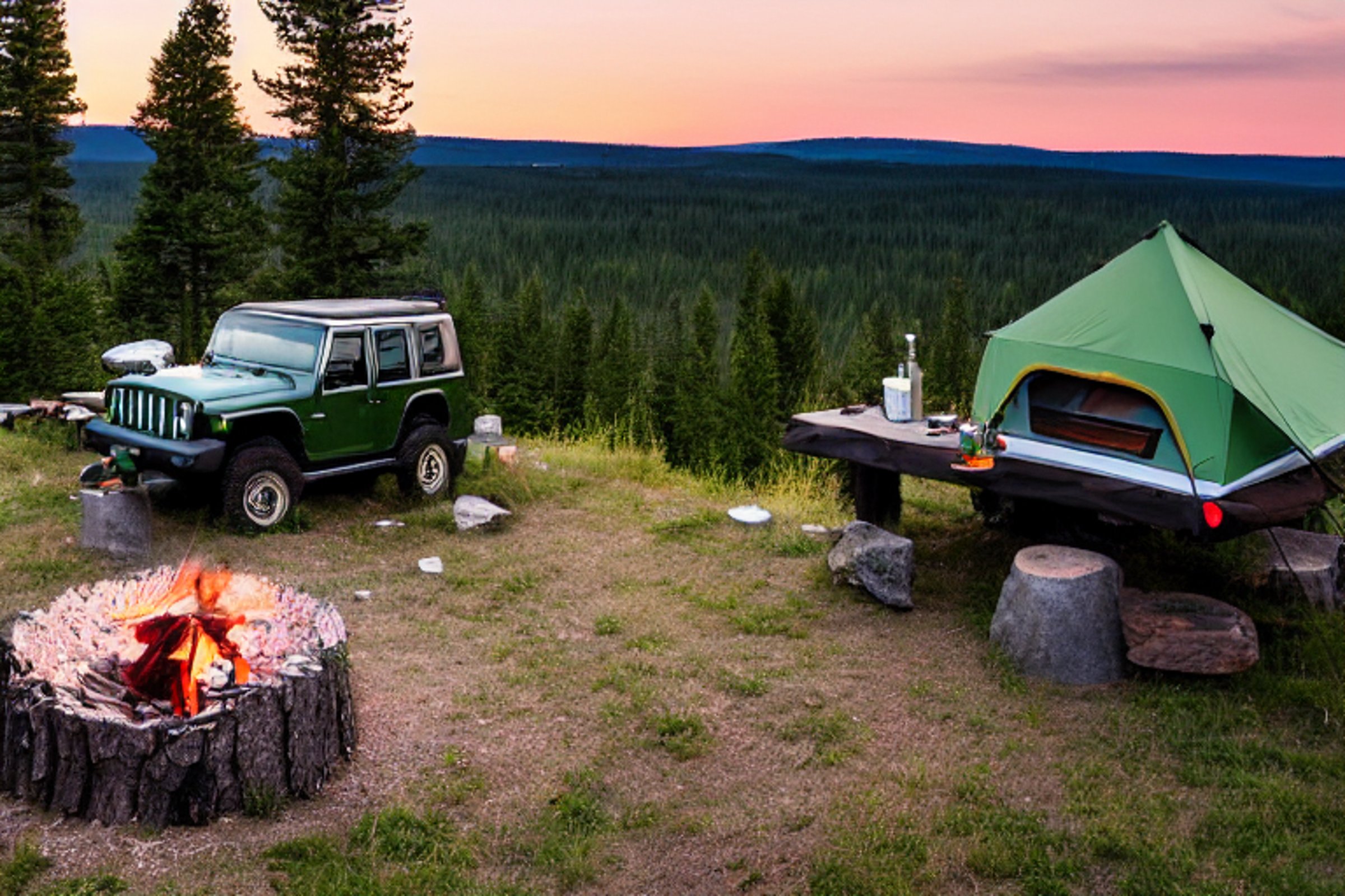 A forest green Jeep with an open rooftop tent rests in a quiet Montana campsite. A stone-ringed campfire glows on the dirt as the sun sets behind the small trees. Rough ground and clear skies give the scene a peaceful, wild feeling.