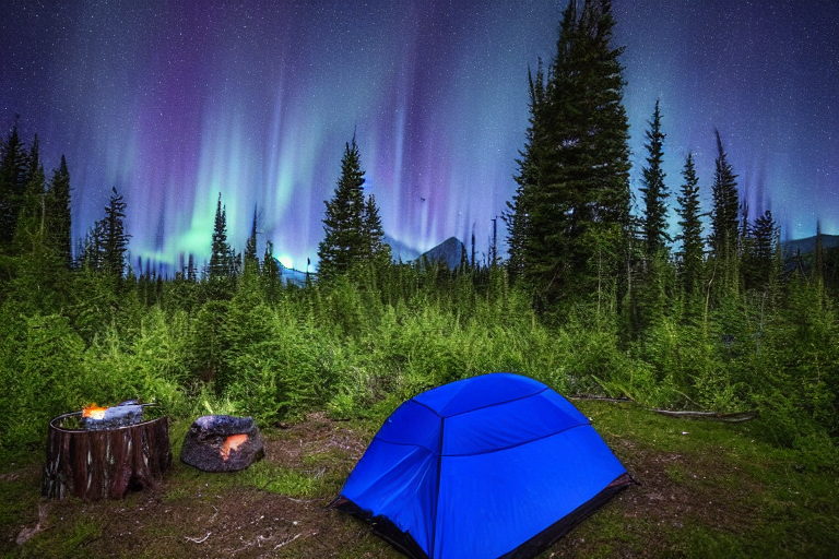 A gray-blue tent rests beside a quiet creek under a glowing green aurora. Rainy ferns surround the campfire, where logs crackle near a large fallen log and a backpack.