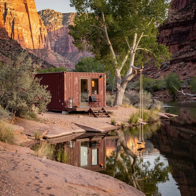 A quiet river winds through tall red rock walls, and the water shines like a mirror in the sunset. A small burgundy cabin sits on sandy ground with desert trees and a berry bush nearby. A rope swing hangs from a big cottonwood tree over the bank, inviting you to play. The whole place feels warm, calm, and far away from everything.