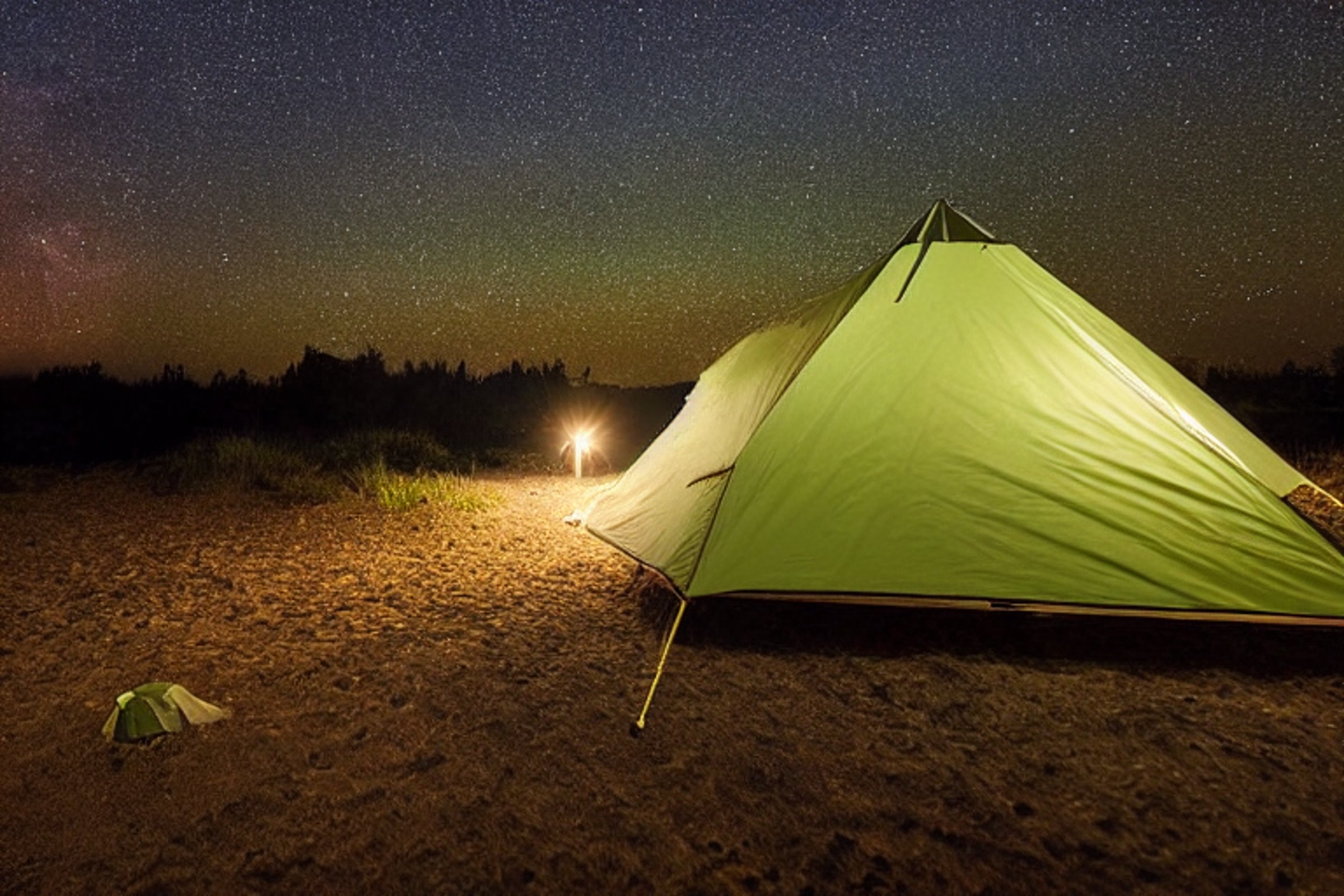 A green and tan tent rests on a quiet beach campsite beneath a sky full of stars. A warm campfire glows beside the ocean, with chairs, logs, boulders, and tall trees nearby.