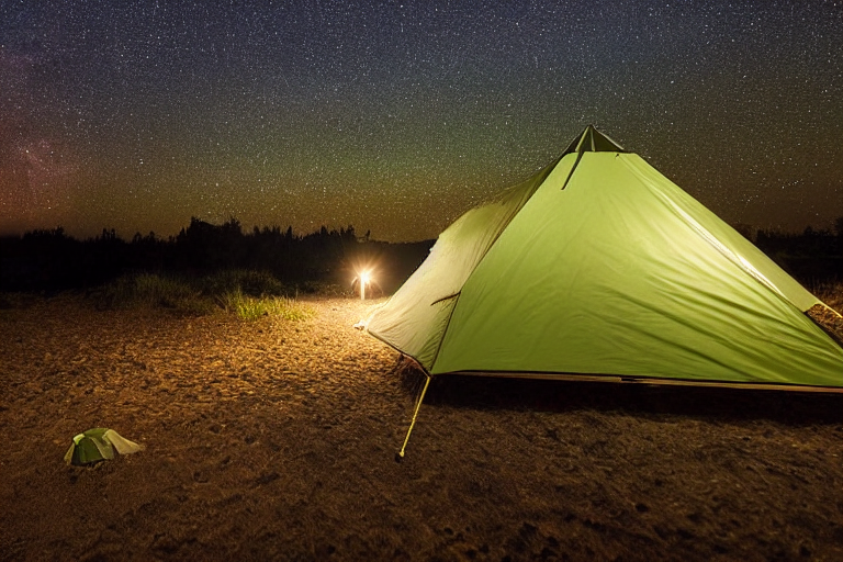 A green and tan tent rests on a quiet beach campsite beneath a sky full of stars. A warm campfire glows beside the ocean, with chairs, logs, boulders, and tall trees nearby.
