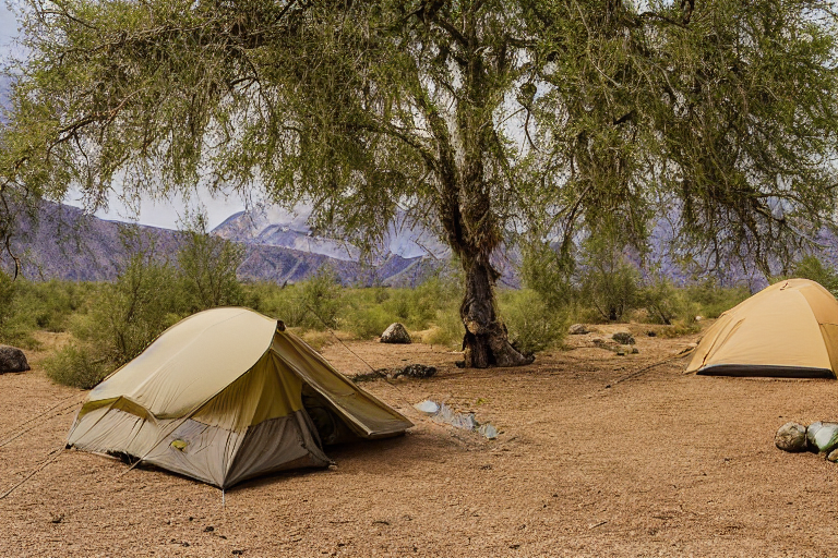 A green and tan tent rests on a dirt campsite in Death Valley. Tall grass, large trees, and scattered stones surround the area, with camping chairs nearby. Rainy skies create a cool, peaceful mood.