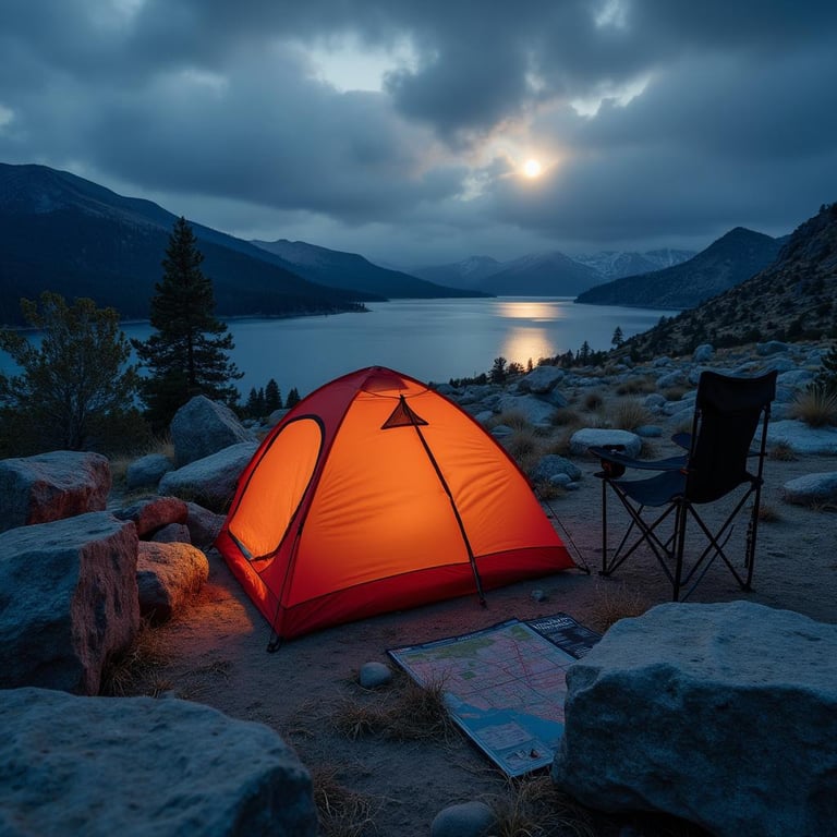 A coral tent rests beside Lake Tahoe among large stone slabs and rolling hills. A camping chair sits near a map and compass as the full moon shines through cloudy twilight skies. From above, the campsite feels peaceful, quiet, and full of adventure.