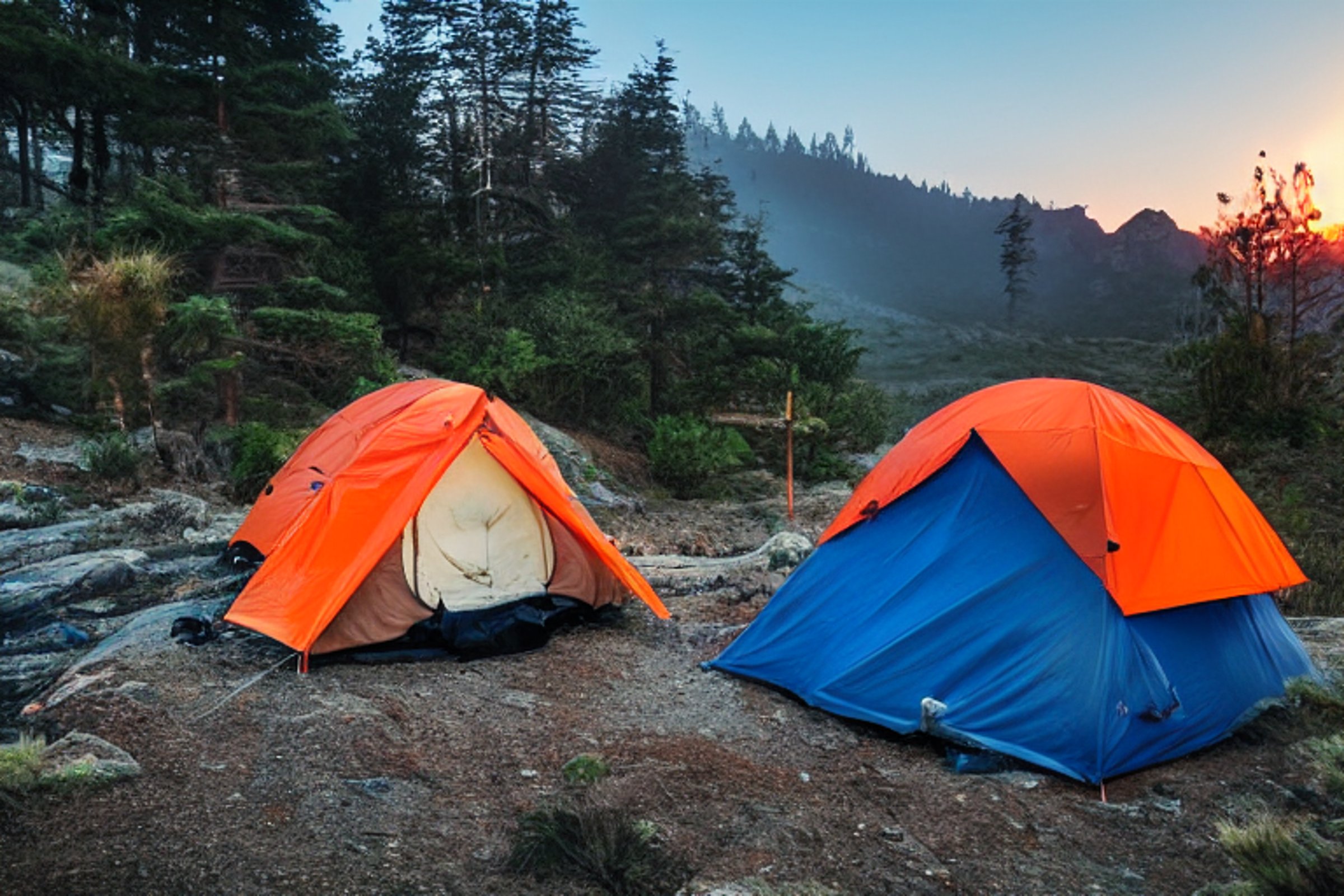 An orange tent rests by a quiet stream on the California coast. Fog drifts around the mountains as the sunset paints the sky warm gold. A camping stove, car, and large rock complete this peaceful campsite.