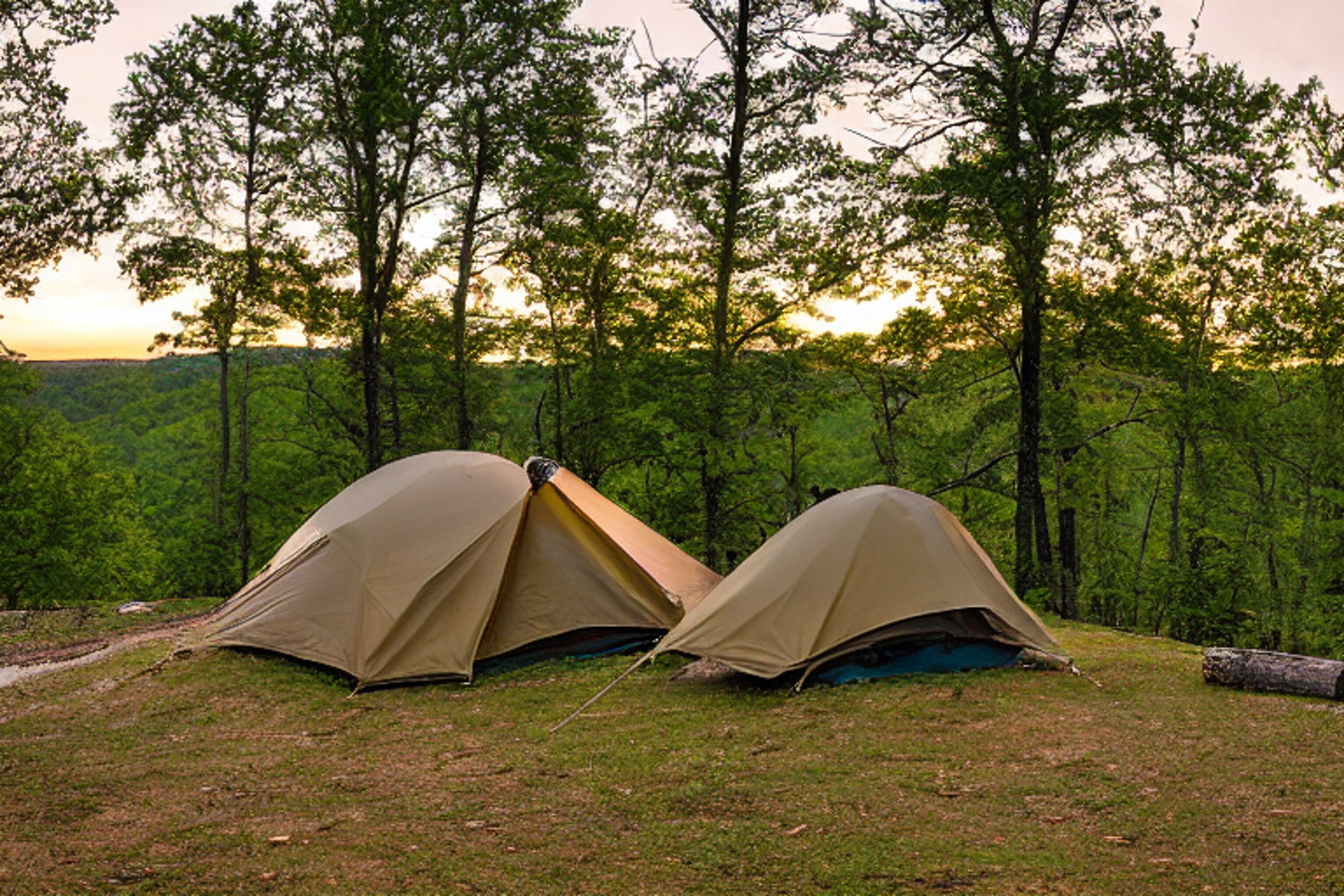 A green and tan tent rests on a paved campsite in the Ozark woods at dusk. A warm campfire glows beside the logs, while tall trees and a large rock surround the dirt clearing. A deer stands quietly in the distance beneath the clear evening sky.