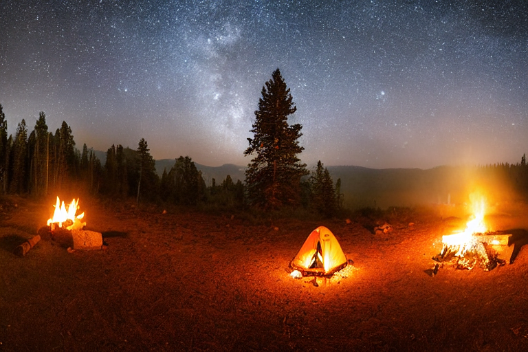 A white tent rests on a quiet paved campsite beneath a star-filled Colorado sky. A warm campfire glows beside the camping chairs, with a large log and rock nearby. Soft fog drifts over the dirt, creating a calm, cozy night.