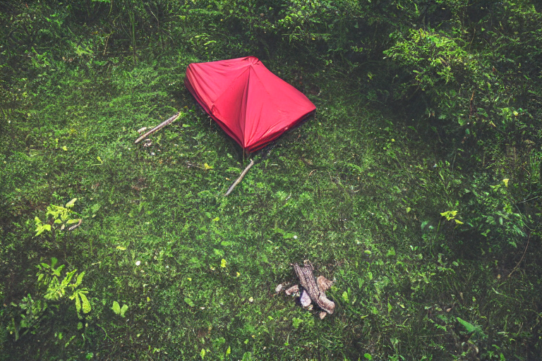 A bright red tent sits on a quiet dirt campsite beneath a clear night sky. A warm campfire glows at the center, with a mountain rising in the background. Bushes with berries and scattered twigs add a wild, peaceful touch.