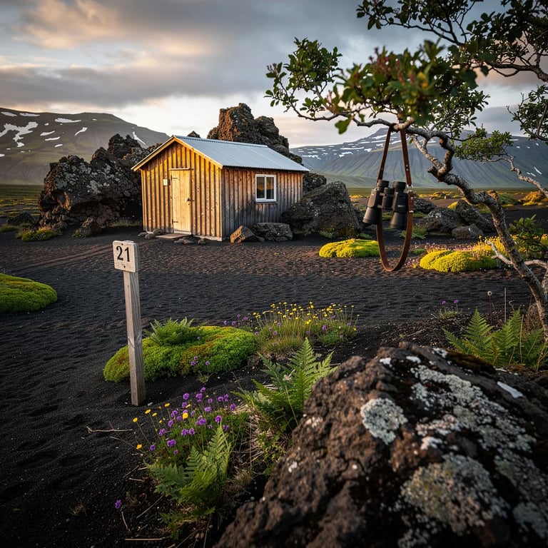 A small wooden cabin sits on a quiet, sandy volcanic plain, with moss, ferns, and tiny wildflowers all around. Soft late-afternoon sun peeks through the clouds and lights up the rocky hills and faraway mountains. A campsite sign marked “21” stands by the cabin, and a pair of binoculars hangs from a low branch, ready for exploring.
