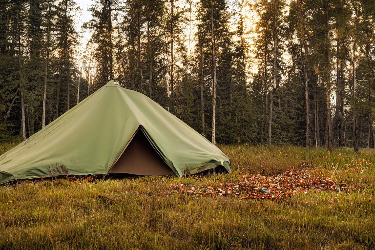 A green and tan tent rests on a dirt campsite in snowy Norway. Tall grass and colorful fall trees surround the quiet clearing, while a deer stands in the distance. Soft sunrise light gives the scene a peaceful glow.