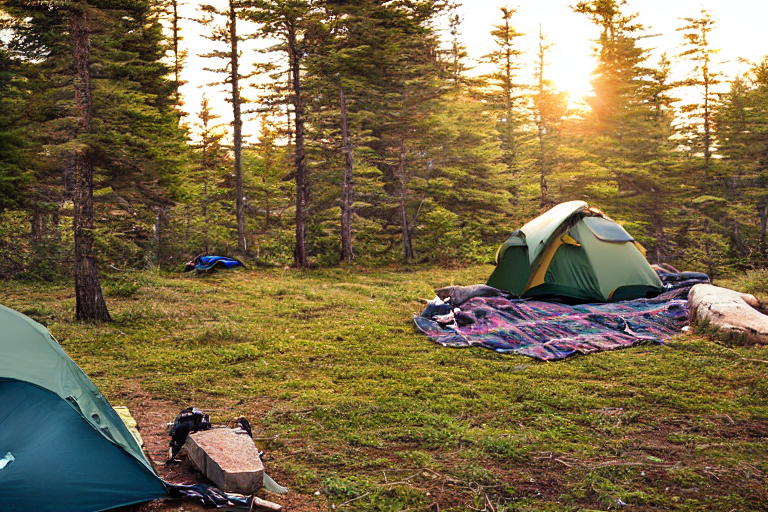A forest-green tent rests at a quiet campsite in Acadia National Park. Sunset light warms the trees and the open sky, while a backpack, guitar, and hanging clothes add a cozy touch. A paved parking spot surrounds the small dirt clearing.