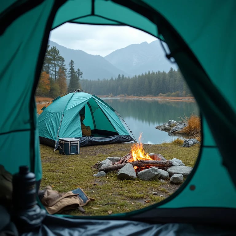 Rain falls softly over a teal tent beside a shining pond. A campfire, chair, and cooler sit nearby, while tall mountains rise in the misty background.