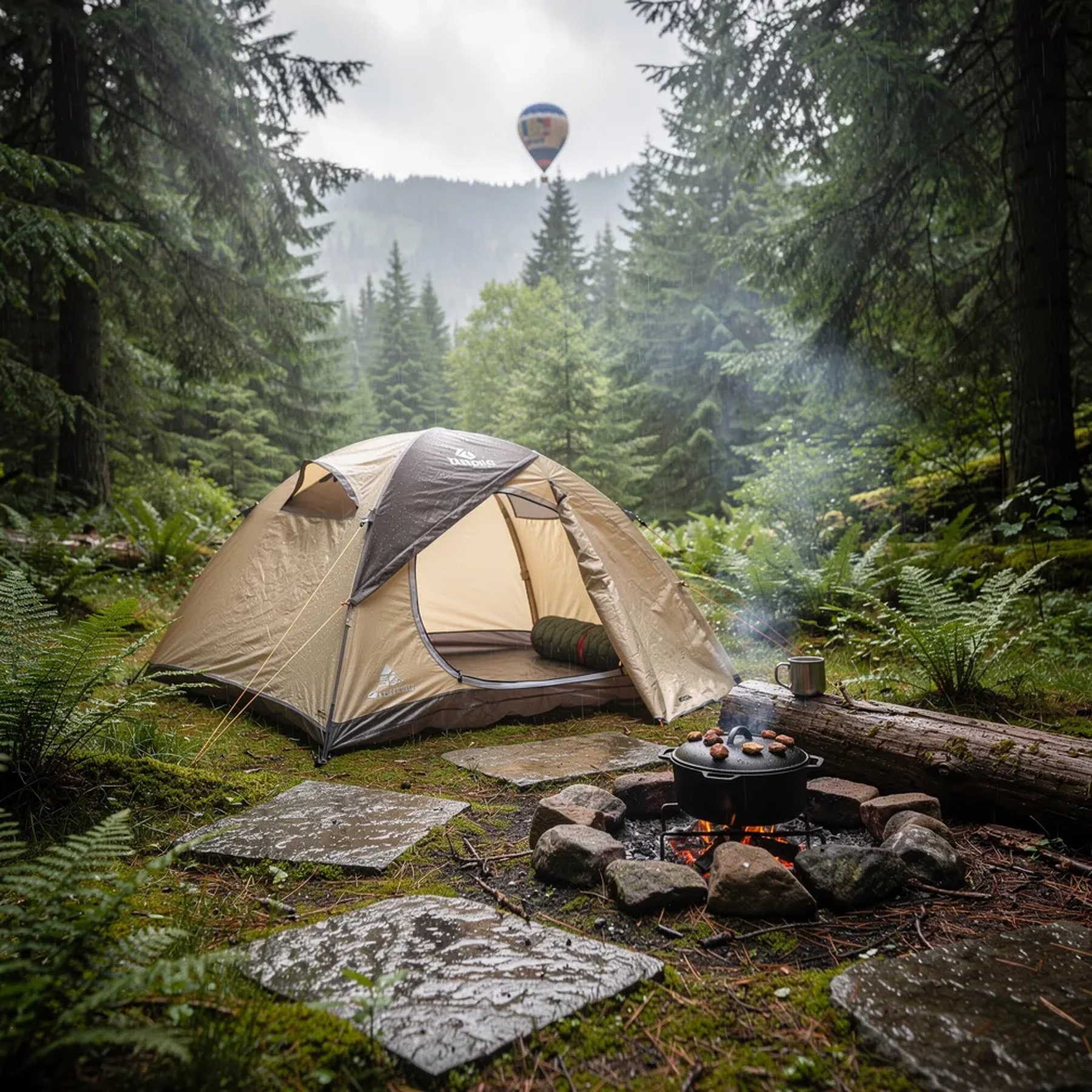 A cozy beige tent sits in a quiet forest clearing, with wet moss and bright ferns all around. Granite slabs and tall evergreen trees make the spot feel safe and hidden. A small fire ring glows under a cast-iron pot, and thin smoke drifts up into the cool, misty air. Far above the trees, a tiny hot air balloon peeks out like a secret.
