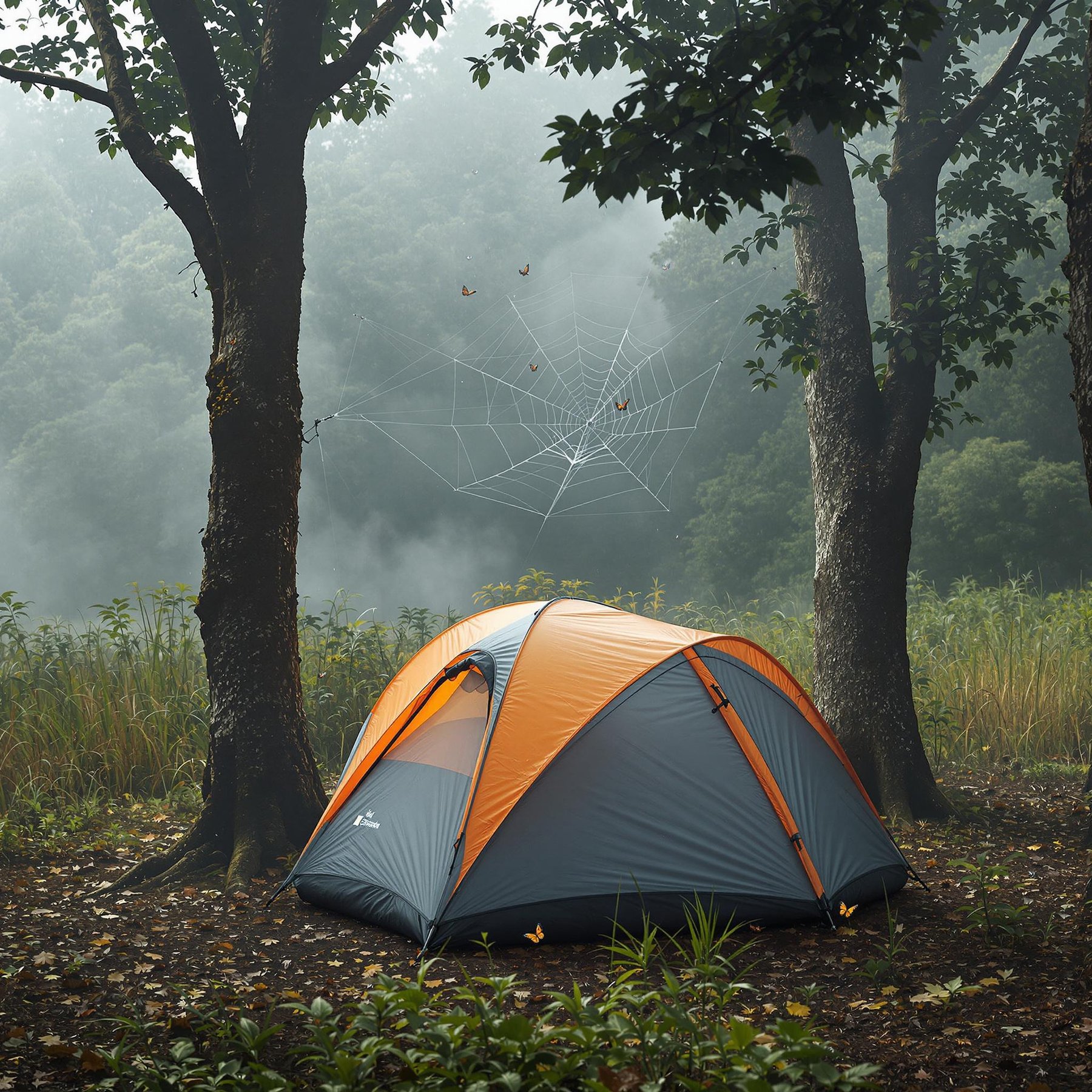 A gray and orange tent rests in a misty rainforest beneath dark storm clouds. A picnic table, tall grass, fallen leaves, and a shining spider web make the campsite feel wild and peaceful. Monarch butterflies drift through the cool morning air.