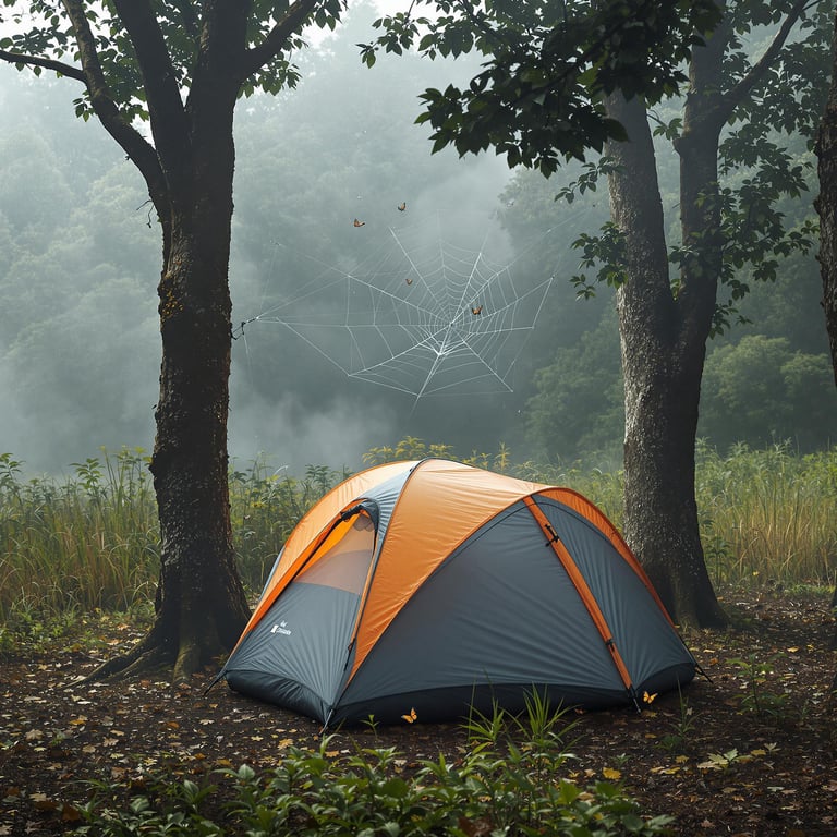 A gray and orange tent rests in a misty rainforest beneath dark storm clouds. A picnic table, tall grass, fallen leaves, and a shining spider web make the campsite feel wild and peaceful. Monarch butterflies drift through the cool morning air.