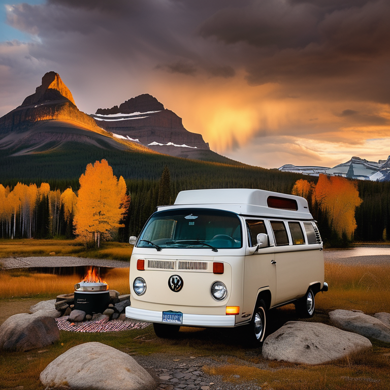 A cozy VW campervan rests beside a crackling campfire in Glacier National Park. Golden fall trees surround the campsite, while a clear stream winds through the dirt clearing under a cloudy sunset sky.