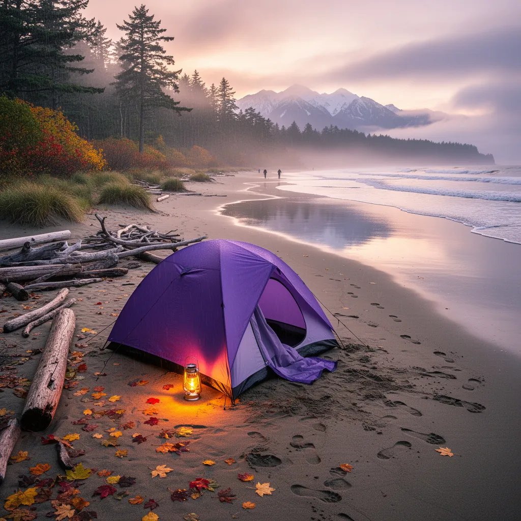 A bright purple tent sits on the wet sand of Cannon Beach as gentle waves roll in nearby. A warm lantern glows by the tent door, reflecting softly in the shiny sand. Misty air, drifting leaves, and tall trees with autumn colors make the campsite feel quiet and magical. Snowy mountains rise in the distance under a golden-pink evening sky.