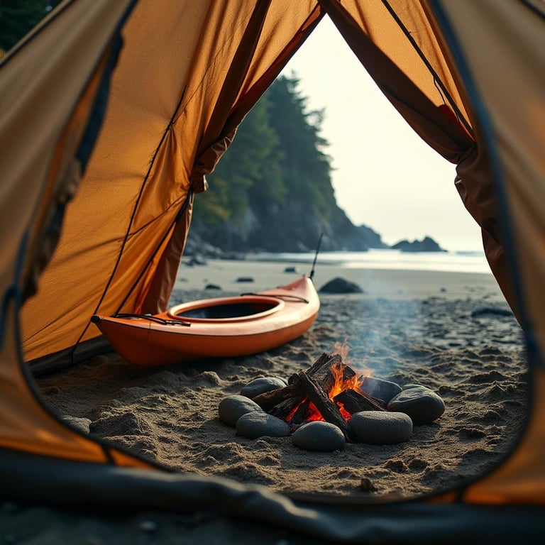 A cozy brown bivy sack rests on the sandy shore of Cannon Beach beneath a clear sky. A kayak lies nearby, while a stone-ringed campfire and stacked firewood create a warm camp spot. The scene is softly framed by a tent mesh window.